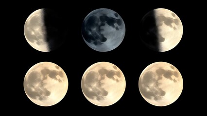 Five moon phases each depicting a unique scientific phenomenon artistically.