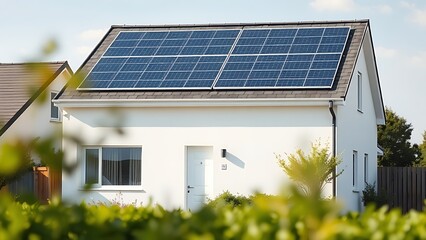 Modern house with solar panels on roof, clean architectural lines, sustainable living concept.