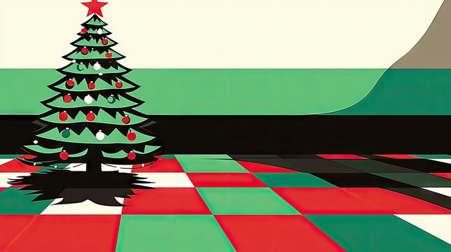 A stylized, cartoonish Christmas tree adorned with red and white ornaments and a red star topper, stands on a red and green checkerboard floor. The background f