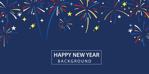 A vibrant New Years Eve background featuring colorful fireworks and twinkling stars against a deep blue backdrop, perfect for holiday celebrations.