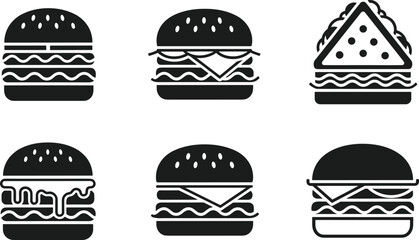 Burger and sandwich icon set, black fast food symbols collection, cheeseburger vector illustration, restaurant menu design graphic, isolated on white background.