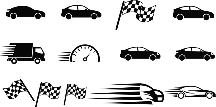 Car silhouettes vector collection, racing checkered flags, fast delivery truck, speedometer icons, auto speed motion lines, isolated automotive transport set for logo design.