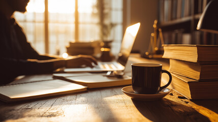 A law enthusiast sits at a vintage desk, surrounded by books and a cup, lost in deep research Generative AI