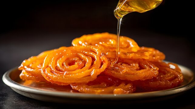 Bright orange, spiral-shaped sweet pastries receive a glossy drizzle of syrup in a   shot.