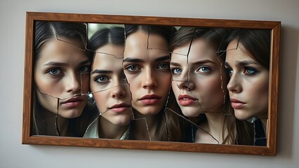 A shattered mirror reflecting different emotional faces instead of memories with missing pieces forming question marks.