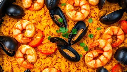 Spanish seafood paella with shrimp and mussels, vibrant overhead shot.