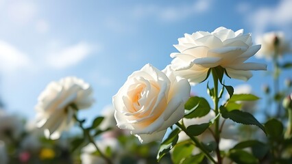 Close-up of white garden roses against a blue sky, bathed in natural sunlight with a soft background.