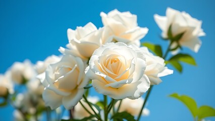 Close-up of delicate white roses against a clear blue sky, bathed in natural sunlight with soft focus.