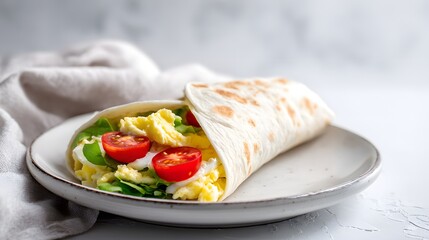 Savory breakfast wrap filled with scrambled eggs and fresh vegetables rests on a simple ceramic plate