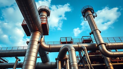Abstract industrial pipes and structures under a blue sky with cloud reflections.