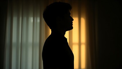A solitary figure in a softly lit room, lost in thought with a gentle glow highlighting their silhouette.