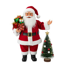 Fototapeta premium Santa claus figure with christmas tree and gifts on black