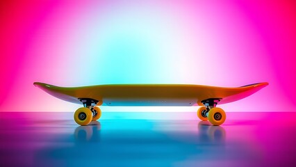 A vibrant yellow skateboard against a neon gradient background, exuding dynamic energy.