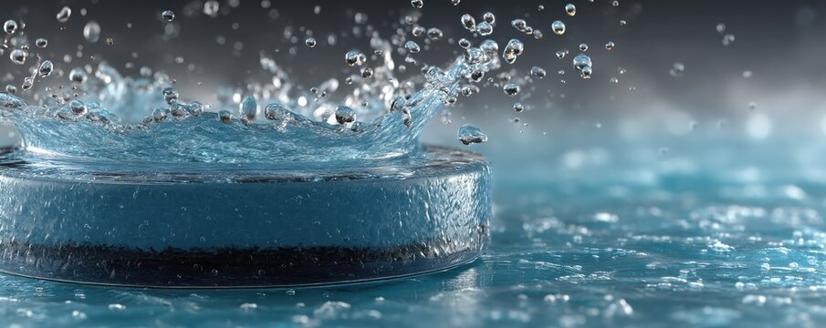 Blue circular pedestal with dynamic water droplets splash and reflective liquid surface