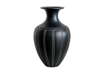 Elegant matte black ceramic vase with subtle linear accents, perfect for home decor and interior design visual content.