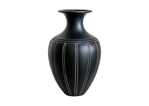 Elegant matte black ceramic vase with subtle linear accents, perfect for home decor and interior design visual content.