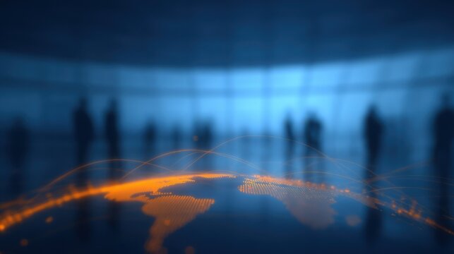 Abstract technology network visualization with glowing orange digital connections on deep blue background.