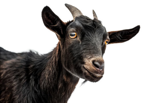 Close up portrait of a young black goat with striking orange eyes and small horns, perfect for agricultural or farmthemed media projects.