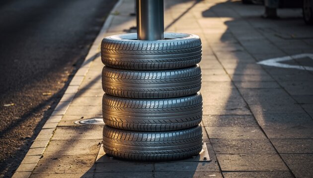 Urban Street Light Pole Base Constructed from Stacked Recycled Car Tires Painted Metallic Silver with Long Shadows on Pavement at Dusk