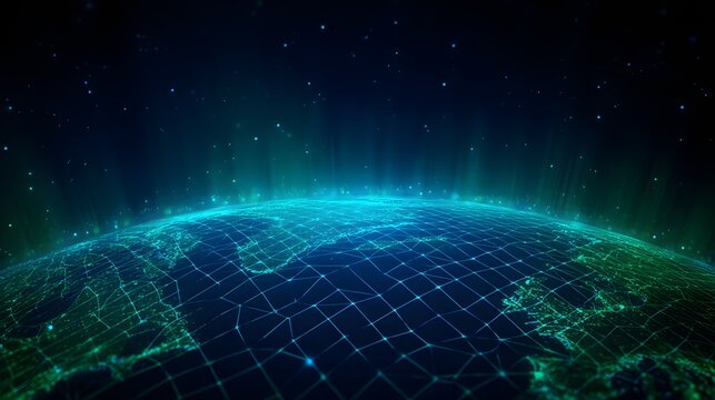 Glowing digital grid overlays a stylized view of Earth from space against a dark starry background.