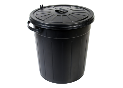 Black plastic trash can with lid and handle for waste disposal and recycling, versatile storage solution for homes and businesses