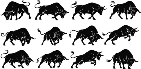 Raging Fighting Cattle Icon Set for Sports Mascot, Stock Market, and Rodeo Design.