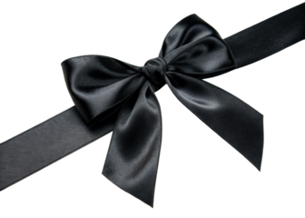 Elegant black satin ribbon tied in a bow presented diagonally on a plain surface, perfect for gift wrapping or symbolic purposes