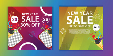Festive New Year sale promotion with discount offers, featuring vibrant colors and celebratory design elements for attracting customers.