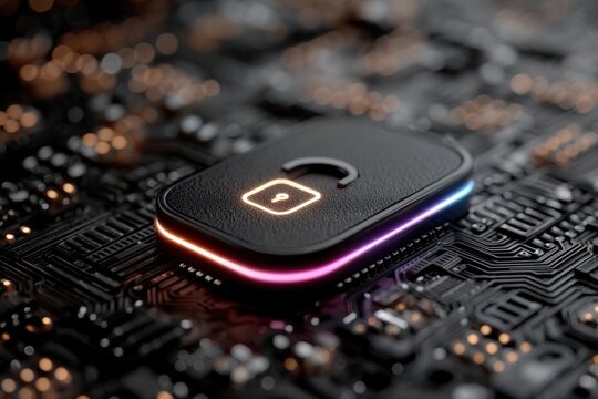 Close-up of a digital lock icon on a circuit board with glowing neon edge lights