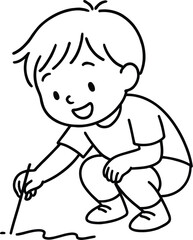 Fototapeta premium Happy little boy drawing on the ground with a stick outside