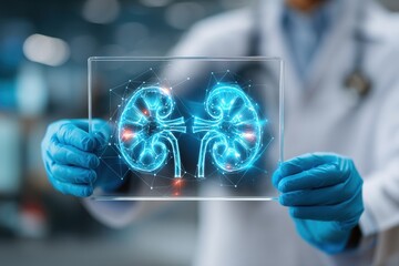 Doctor in a white coat holds a blue holographic kidney model on a glass panel.