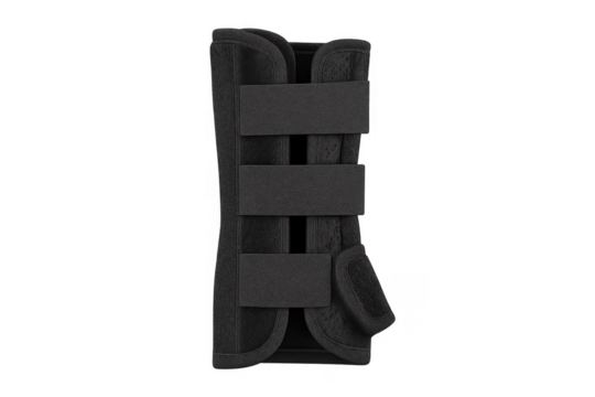 Black wrist brace supporting injured arm rehabilitation