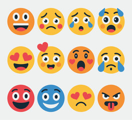 Twelve Cheerful and Expressive Emoji Icons, Isolated on White Background, Emotional Faces Vector Illustration