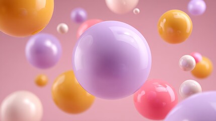A vibrant abstract composition featuring a myriad of colorful spheres, each with a glossy, reflective surface, suspended against a soft, gradient pink background. 