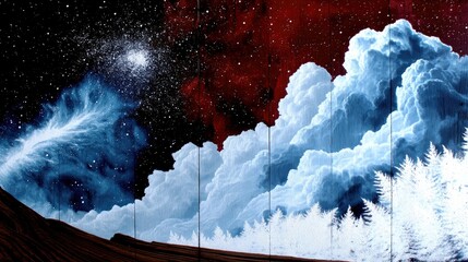 A surreal, painted landscape featuring a vibrant nebula in a starry night sky, dramatic clouds, and a silhouette of a snow-covered forest against a reddish-brow
