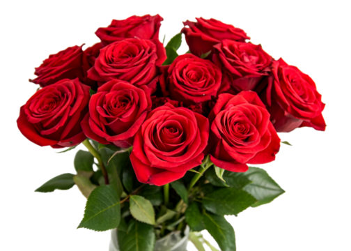 A lush bouquet of deep red roses with vibrant green leaves, perfect for expressing love, passion, or celebration in romantic or gifting contexts.