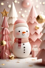 Cute pastel snowman scene with pink Christmas trees and golden stars for kids' holiday decor