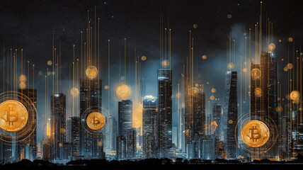 A stunning skyline showcases tall buildings illuminated at night with crypto symbols of the future Generative AI