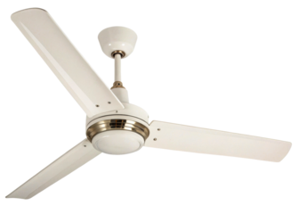 Modern white ceiling fan with three blades and brushed brass accents for home or office cooling and air circulation, ideal for interior decor and lifestyle applications