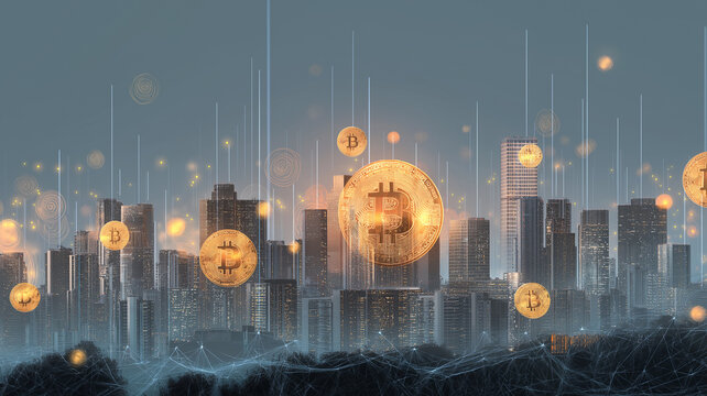 Tall buildings rise to the twilight sky, glowing with shimmering crypto symbols Generative AI - Powered by Adobe