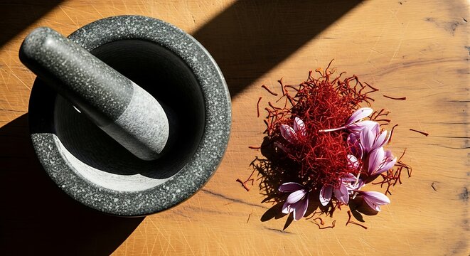 Traditional granite mortar pestle, saffron threads and fresh crocus flowers