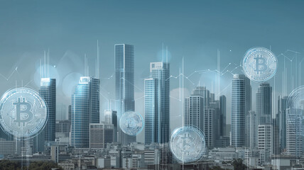 A glowing city skyline features floating cryptocurrency symbols, evoking a futuristic vibe Generative AI