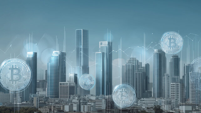 A glowing city skyline features floating cryptocurrency symbols, evoking a futuristic vibe Generative AI - Powered by Adobe