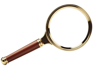 Classic magnifying glass with a wooden handle and gold frame for search. Isolated on transparent background, png