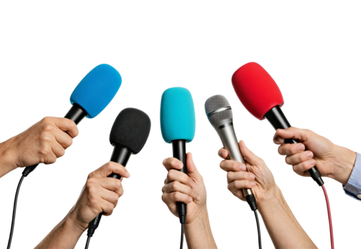 Many hands holding colorful microphones for a press conference or interview. Isolated on transparent background, png