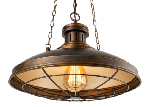 Industrial style bronze pendant light fixture with exposed filament bulb and chain suspension, perfect for interior home decor and modern living spaces.