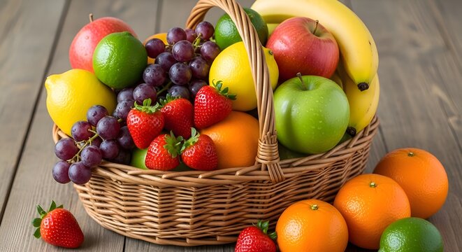 A colorful and abundant assortment of fresh, ripe fruits overflowing from a rustic wicker basket set on a dark wooden tabletop - Powered by Adobe