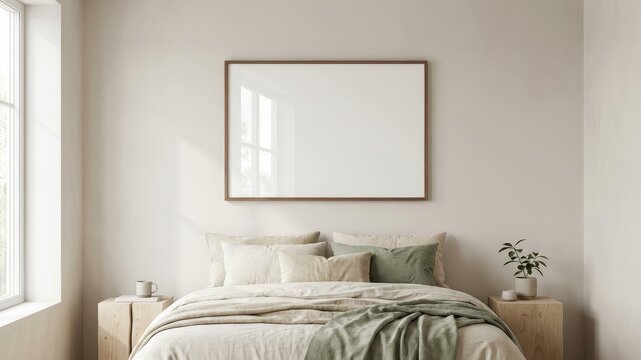 Frame mockup above bed in cozy minimalist bedroom interior with natural light