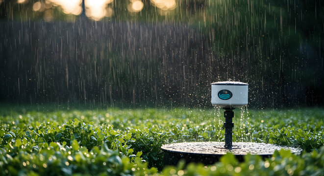 Automated sprinkler system irrigating vibrant green plants with visible water droplets, creating a refreshing rain effect.