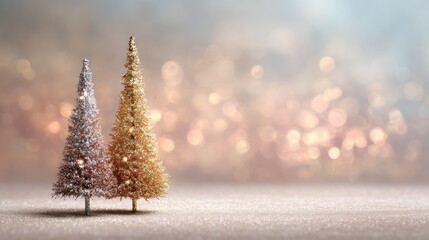 Two miniature Christmas trees with glittering gold and silver ornaments, set against a bokeh background with warm golden and pink hues, with a soft focus effect.